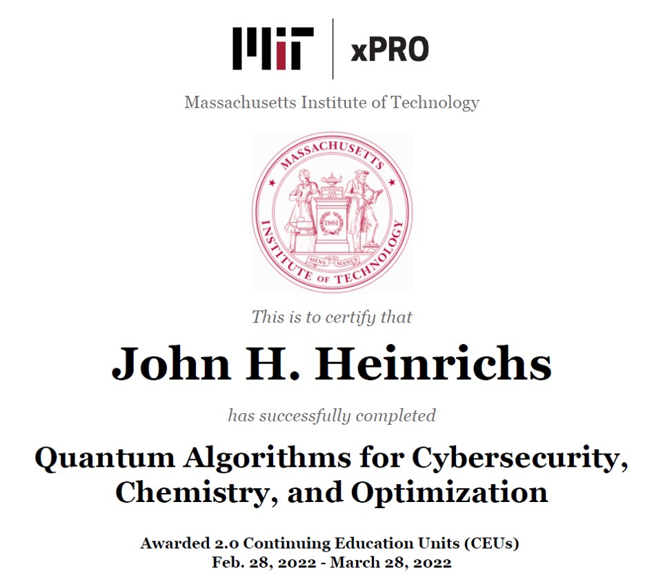 Quantum Computing Algorithms for Cybersecurity, Chemistry, and Optimization Certification